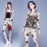 

In Stock Popular Women Fall Winter Two Piece Outfits Sets Fashionable Vintage Floral Print Casual Warm Jacket With Trousers