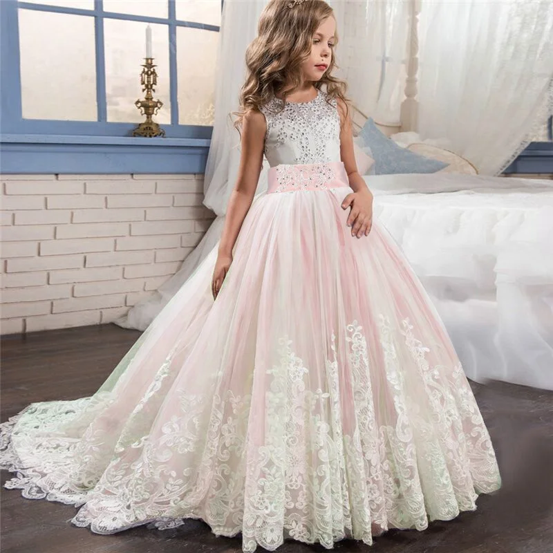 

Sequined Sleeveless Ball Gown Flower Girl Dresses Kids Lace Appliqued Wedding Party Dresses