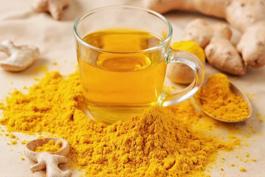 Golden ginger turmeric tea in a ceramic mug with fresh ingredients