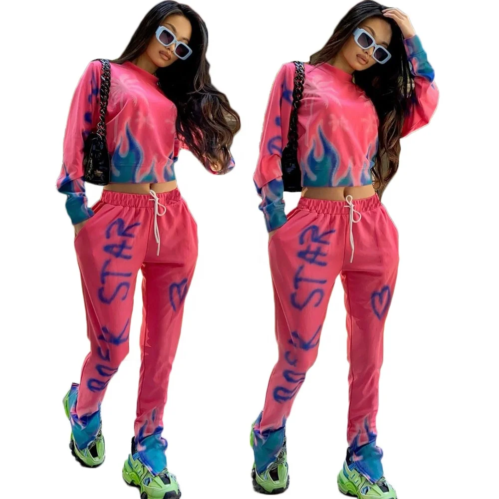 

AI183-8127 Printed long-sleeved warm fashion graffiti ladies two-piece suit women clothing casual dress women 2 piece set women