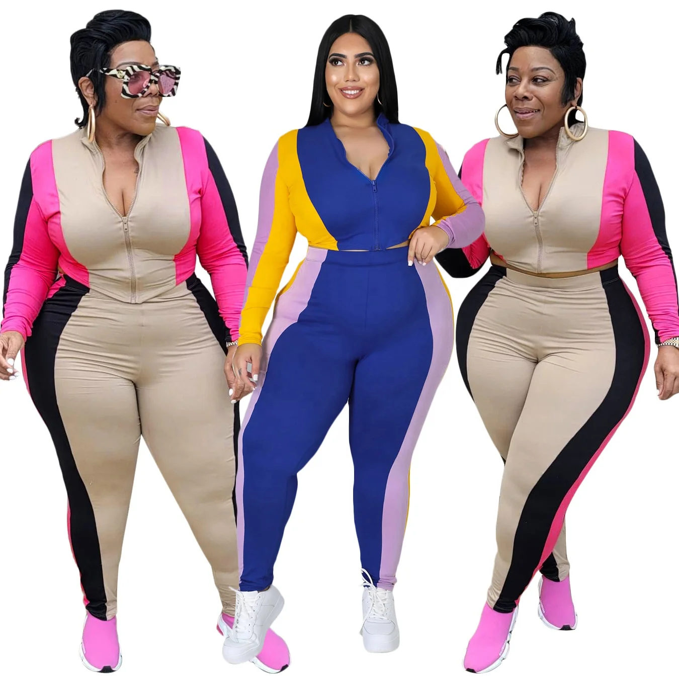 

2021 Wholesale Autumn Contrast Colors Patchwork Plus Size Women Causal Set Long Sleeve Oversize Gym Suits Two Piece Pants Sets, Picture