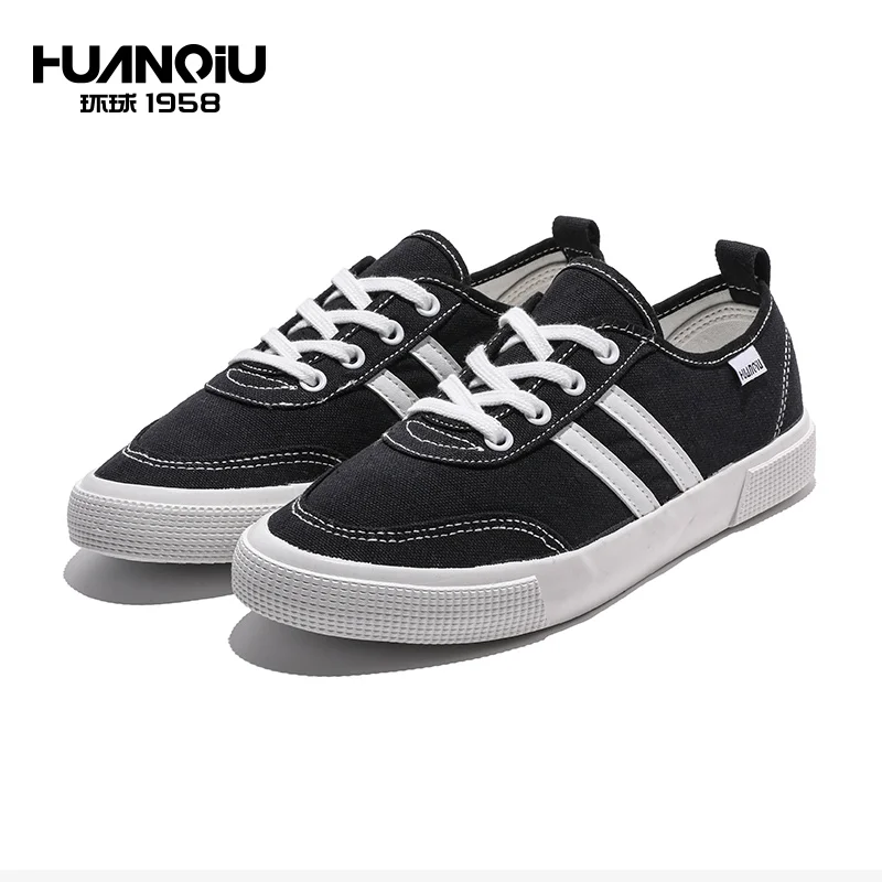 

S6150 HUANQIU High Quality Comfortable Lace Up Rubber Walking Woman Canvas White Shoes, Black/white