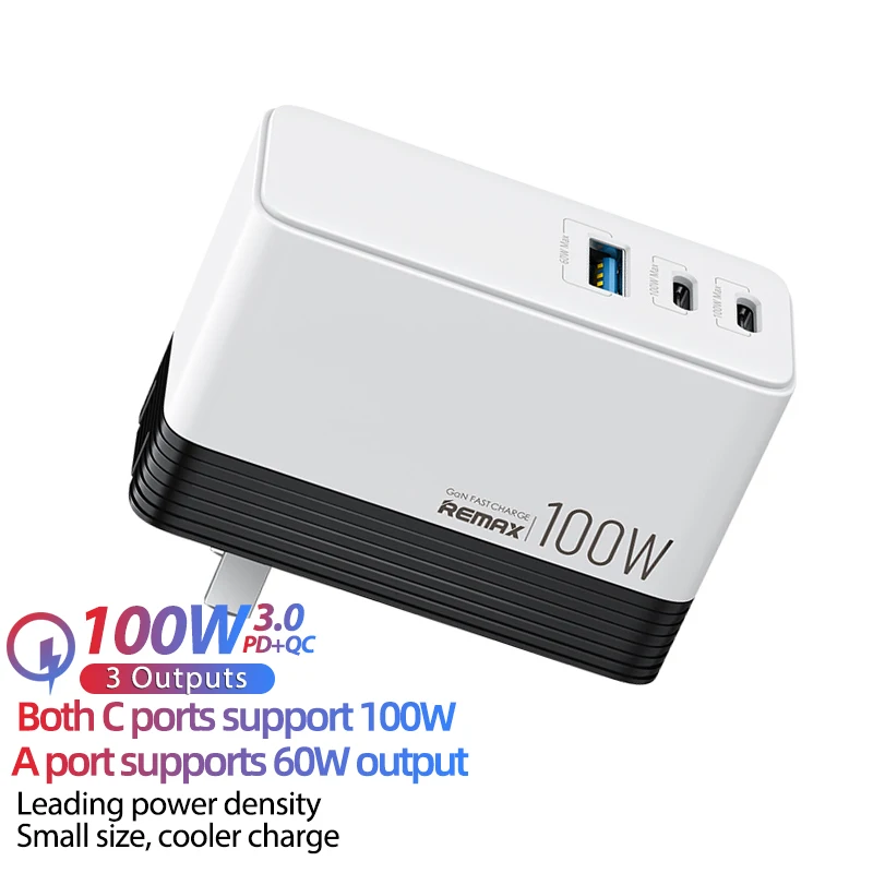 

Remax Join Us RP-U99 Newest QC3.0 PD3.0 2 Type C laptop fast GaN 100W CN Fast pd Charger, White/black