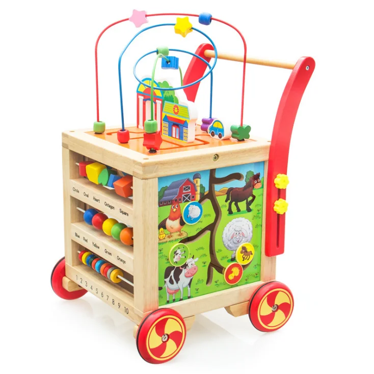 

New shape hot sale edecational Multifunctional Children's wooden walker toy Wooden trolley toy Wooden activity cube toy