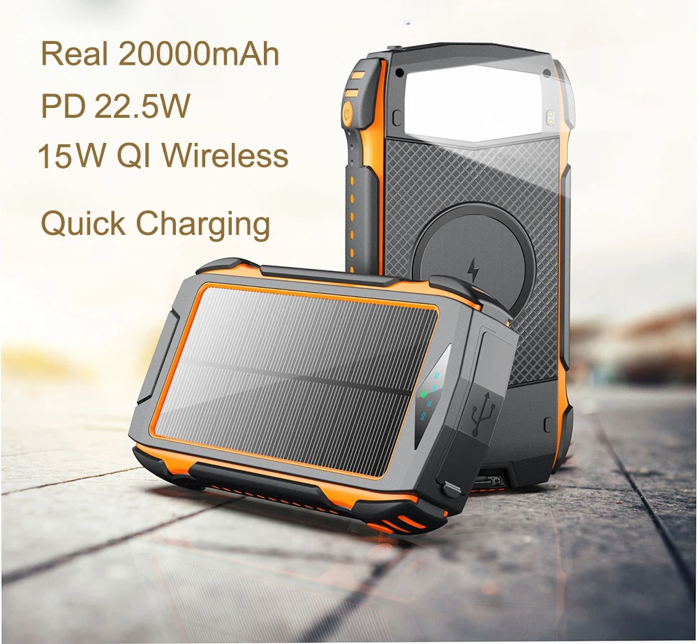 

Outdoor Waterproof 20000mAh 22.5W PD Quick Battery Charger Portable Wireless charging Power bank with Detachable Solar Panels