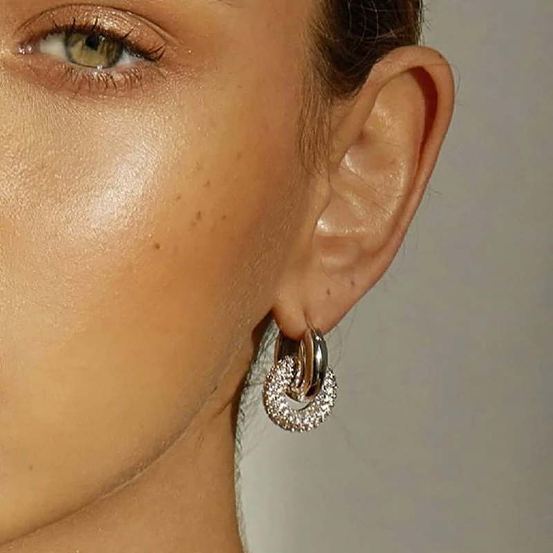

Fashionable Gold Silver Brass 18K Gold Plated Diamond Crystal Zircon Gemstone Small Chunky Double Hoops Earrings Women