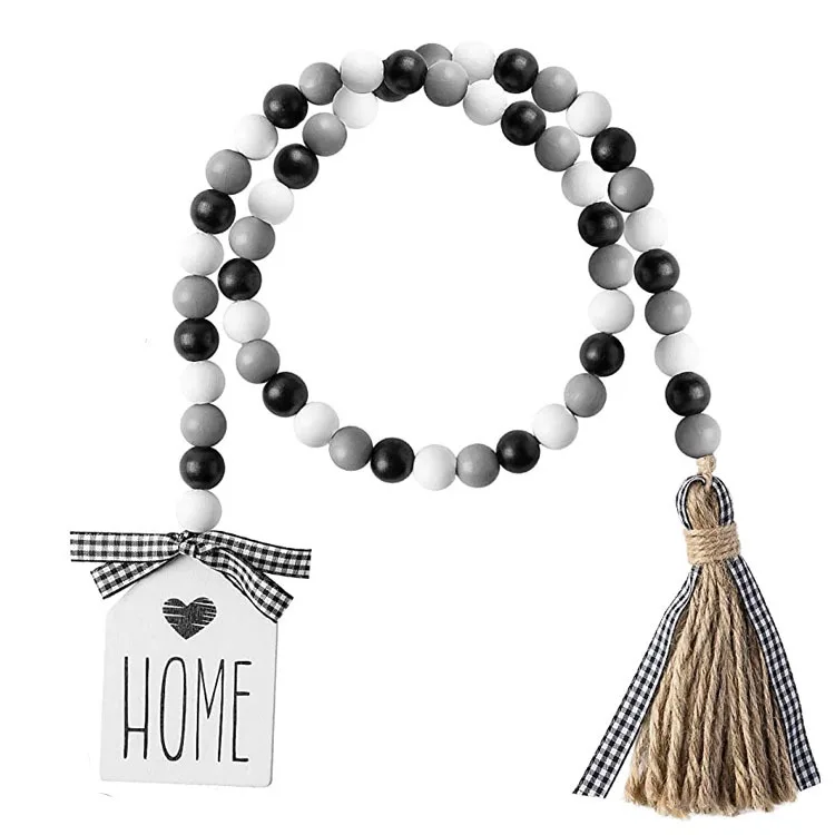 

Farmhouse Wood Bead Garland Rustic Black White Grey Wooden Bead Jute Rope Tassel Home Decor