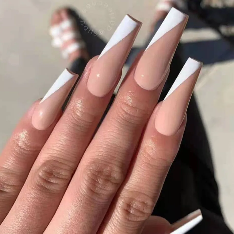 

24pcs press on nail white false nail bevel print long ballet nail detachable artificial fingernail