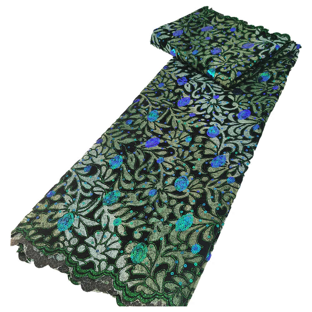 

HFX multi color unique African sequins Lace Fabric High Quality French Nigerian velvet Lace Fabrics 5Yards for party dress H6195, Navy blue