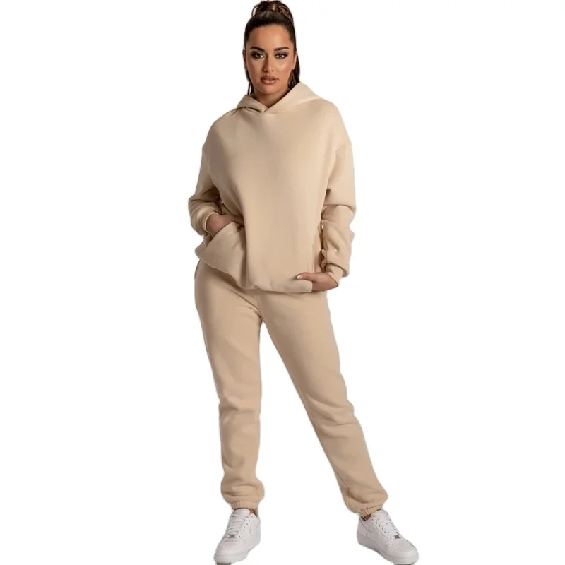 

KFD8816 2020 Winter Plain Custom Logo Thicken Fleece Joggers Pants Set Loose Casual Hoodie and Sweatpants Women Sweatsuit Set, Brown/black/white