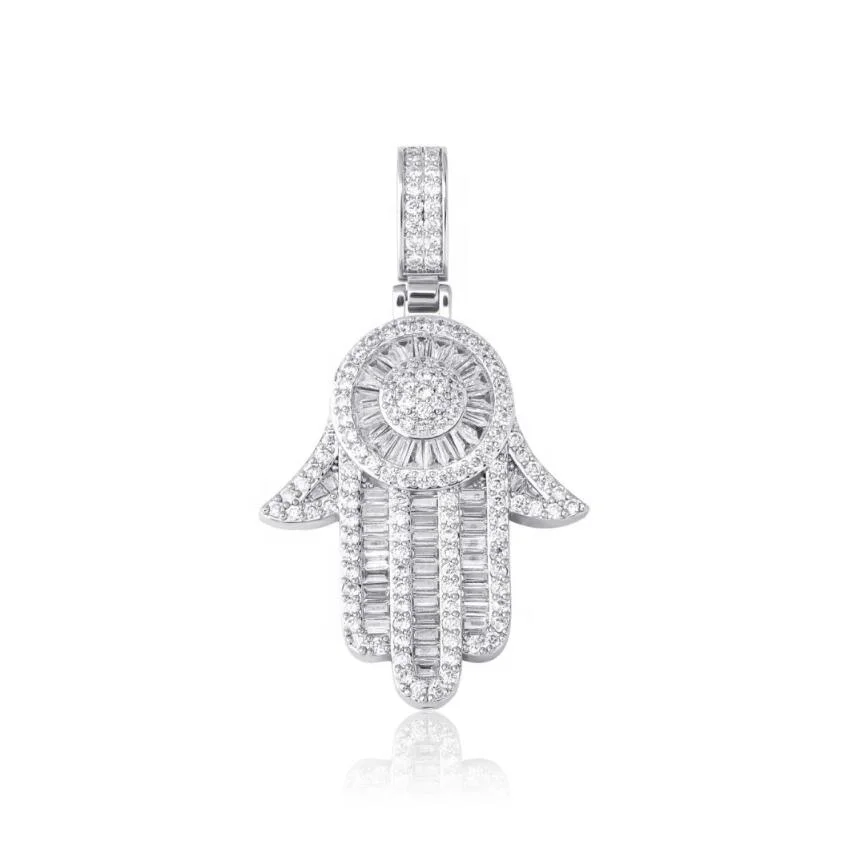 

CZ iced out fatima pendant micro paved charm evill eye hamsa baguette hand lucky necklace