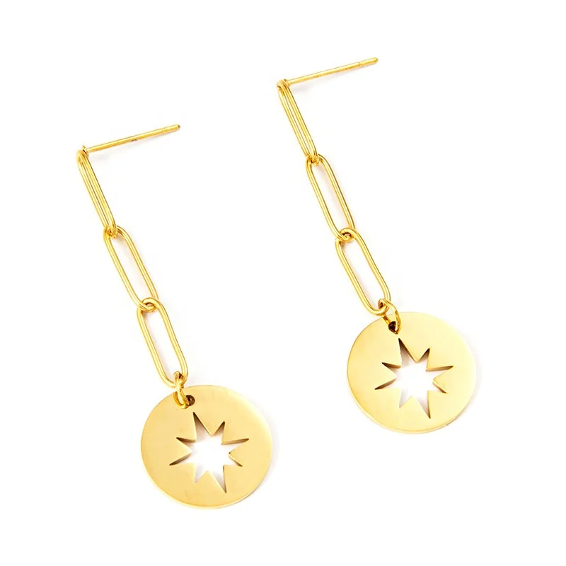 

Hot Selling Jewelry Trendy Luxury 18k Gold Plated Stainless Steel Star Pendant Necklace Long Chain Simple Hollow Drop Necklaces
