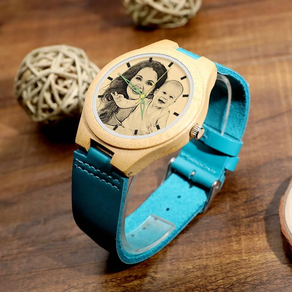 

38mm ODM Fancy Ladies Watches Brands Luxury Blue Leather Strap Women's Engraved Wooden Photo Watch