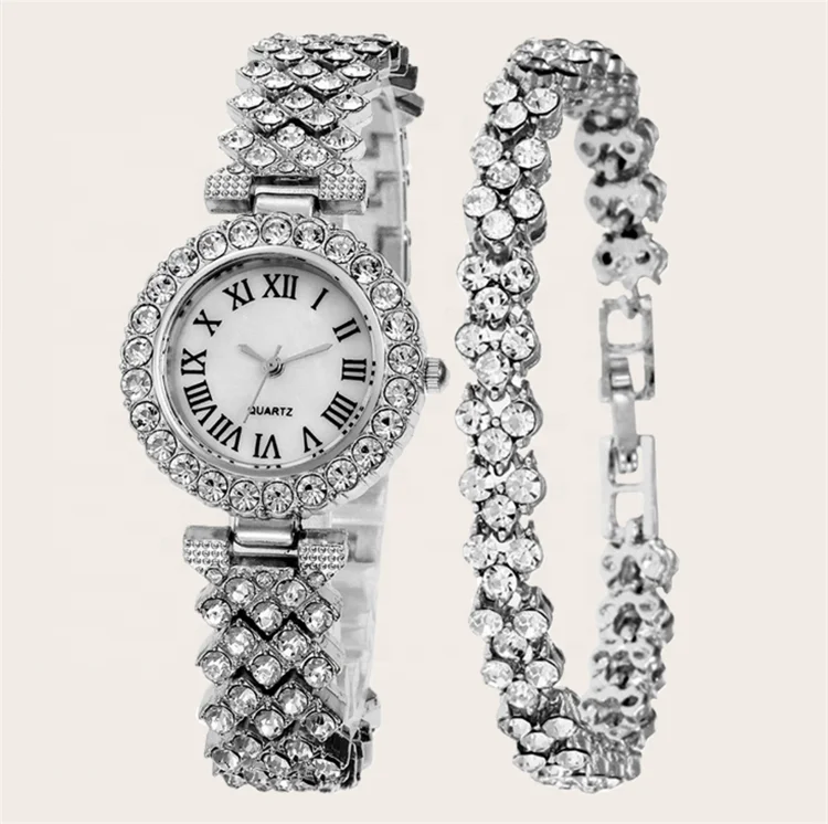 

For Women Reloj Mujer Luxury 2pcs /set Crystal Tennis Chain Bracelet Watch Iced Out Mirco Pave Zircon CZ Watch Bracelet Set