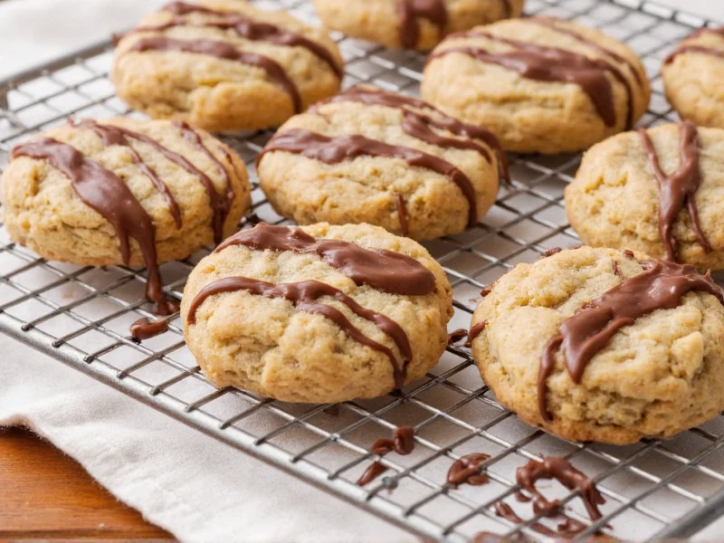 Homemade cookies cooling on wire rack with melted chocolate