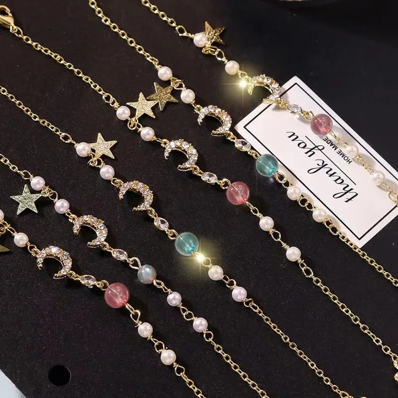 

fashion Alloy Crystal Zircon Pearl Pentagram Pendant Charm Bangle Bracelet For Women Girls, As picture