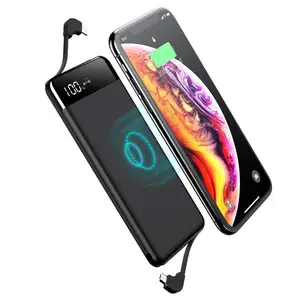 Slim 10000 mAh Wireless Power Bank Built Cables