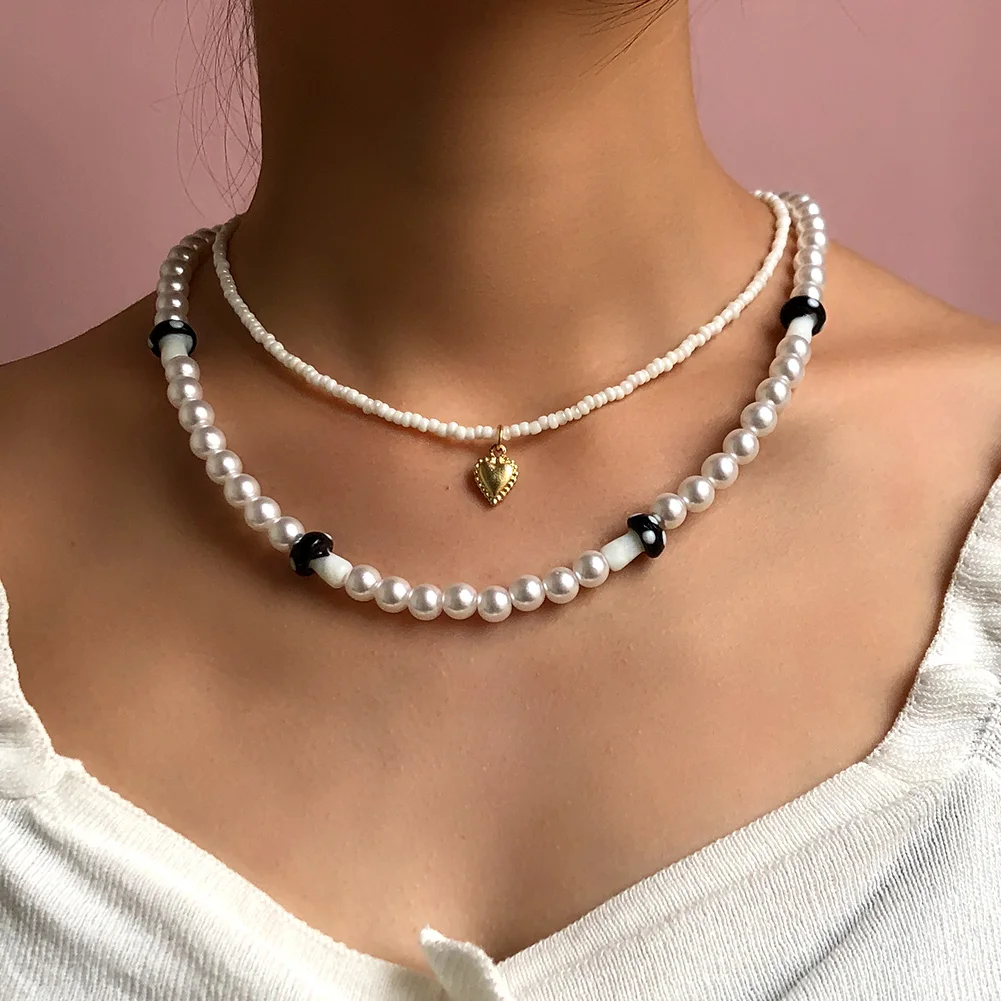 

Cute Multi Layer Chain Acrylic Rice Bead Choker Pearl Necklace For Women Girls Gold Color Heart Pendant Necklace Jewelry, White color