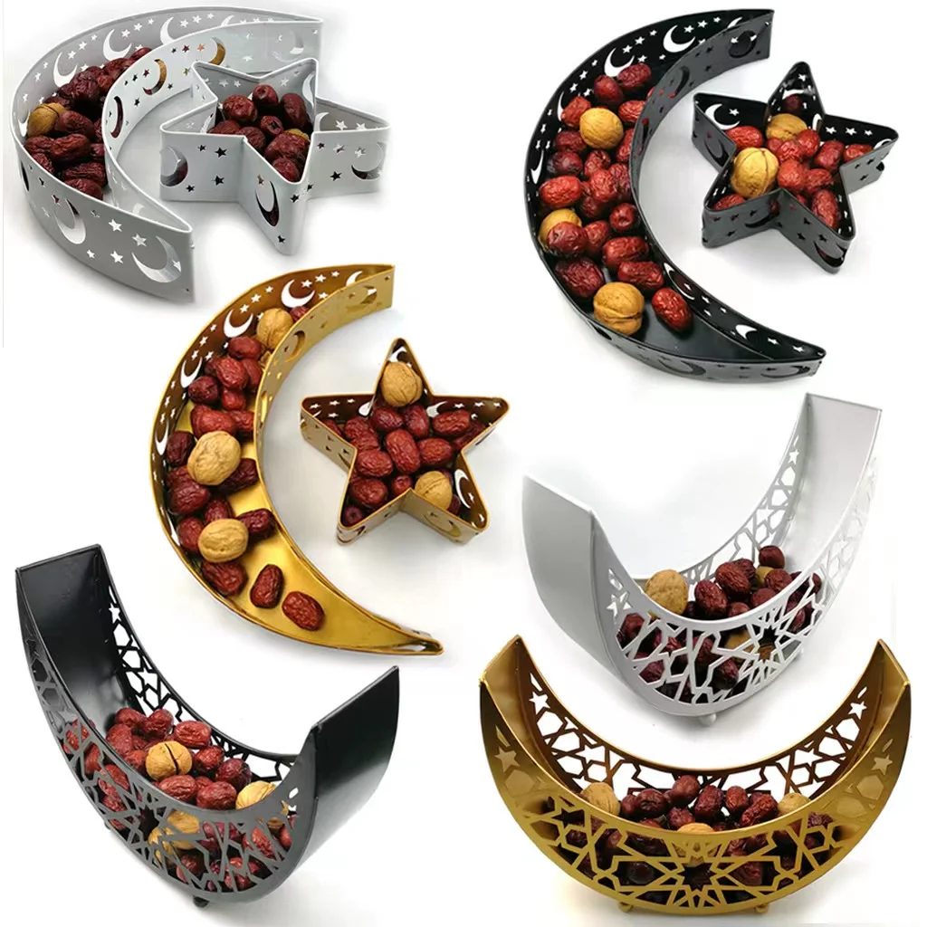 

2023 Ramadan Mubarak decoration Service Iron Tray Moon Star Metallic Islamic Eid Plate For Party Supply Decor