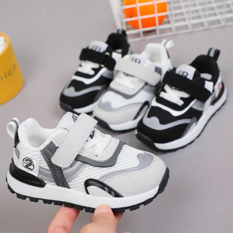 

Fashion Kids Casual Light Mesh Sneakers Toddler Children Soft Bottom Breathable Walking Outdoor Shoes Boys Running Sports Shoes, Grey/black