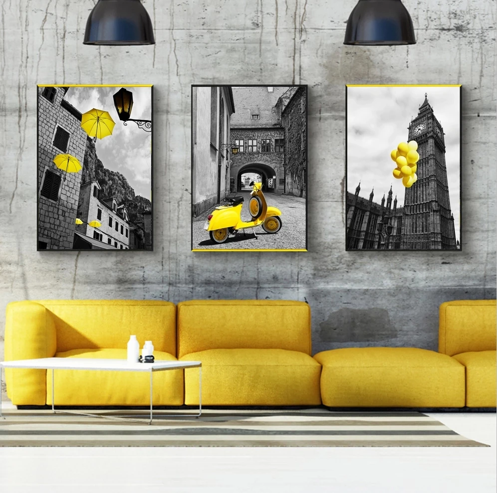

Photograph European City Street Landscape Bridge Yellow Umbrella wall Poster for Living Room wall Decor