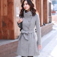 

Hot selling autumn winter style slim long button woman wool coat with belt