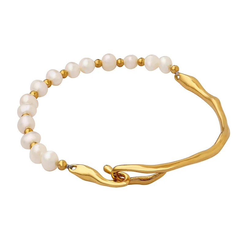 

French Elegant Ladies Jewelry Stainless Steel Colorfast Pearl Bracelet 18k Gold