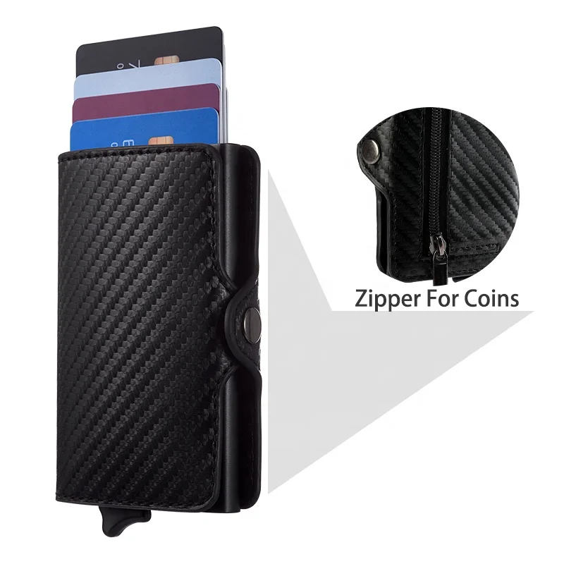 

Wholesale Carbon Fiber Zipper Card Wallet Pop Up RFID Blocking Card Holders Pop up Slim Money Clip, Carbon fiber black