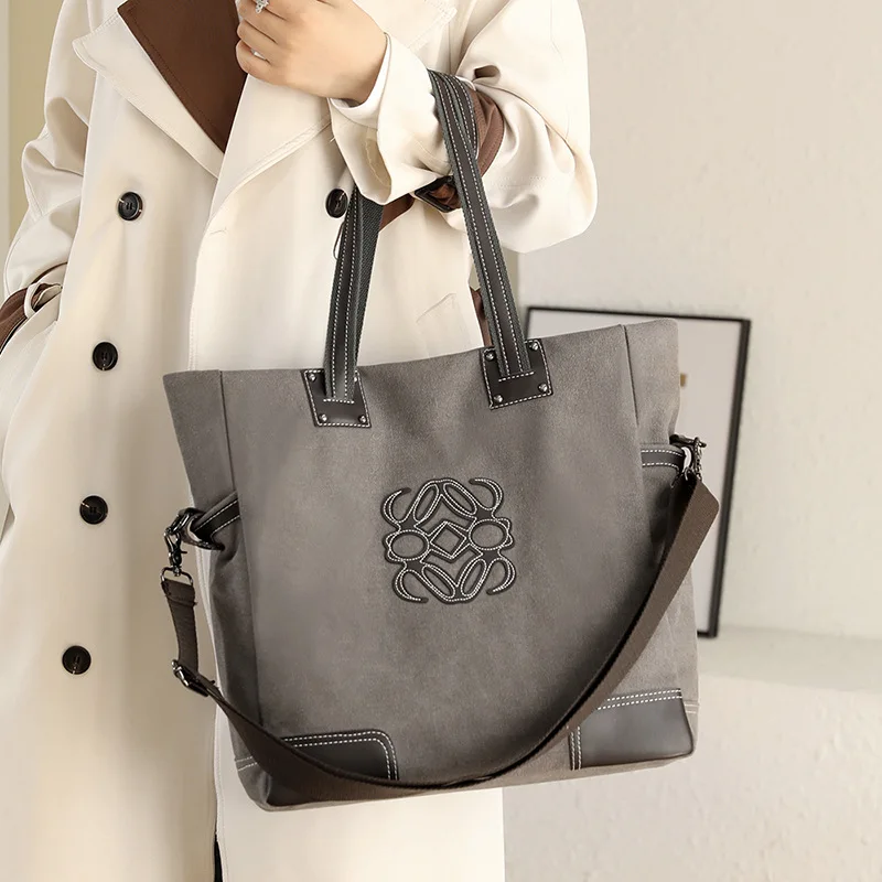 

2022 Fashion Canvas Solid Colors Patches Sewing Ladies Shoulder Bags Zipper Open Purse Handbags Women Tote Bag with Purse Strap, Black, gray, brown, blue, beige, white