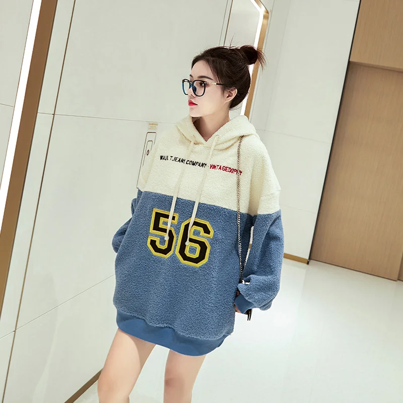 

Women Sweet Long Sleeve Loose Sweater Embroidered Casual Hoodie Thickened Pullover, Blue