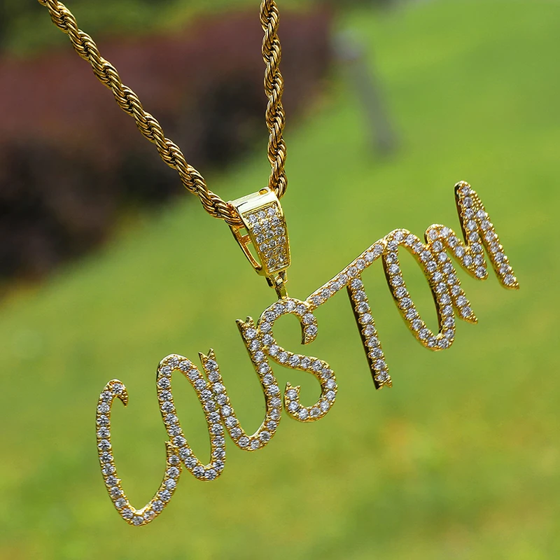 

Hip Hop Jewelry Iced Out CZ Cubic Zirconia Customized Name Paint Lettes Pendant Custom Brush Letter Pendant Pendant Necklace, Rose gold/gold/white gold