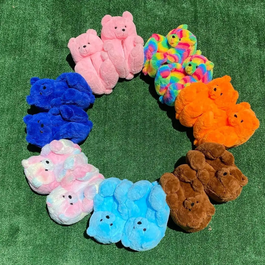 

Lovely Plush Adult/kids/toddler Size furry teddy bear slippers teddy bear plush slippers multi-color, Picture