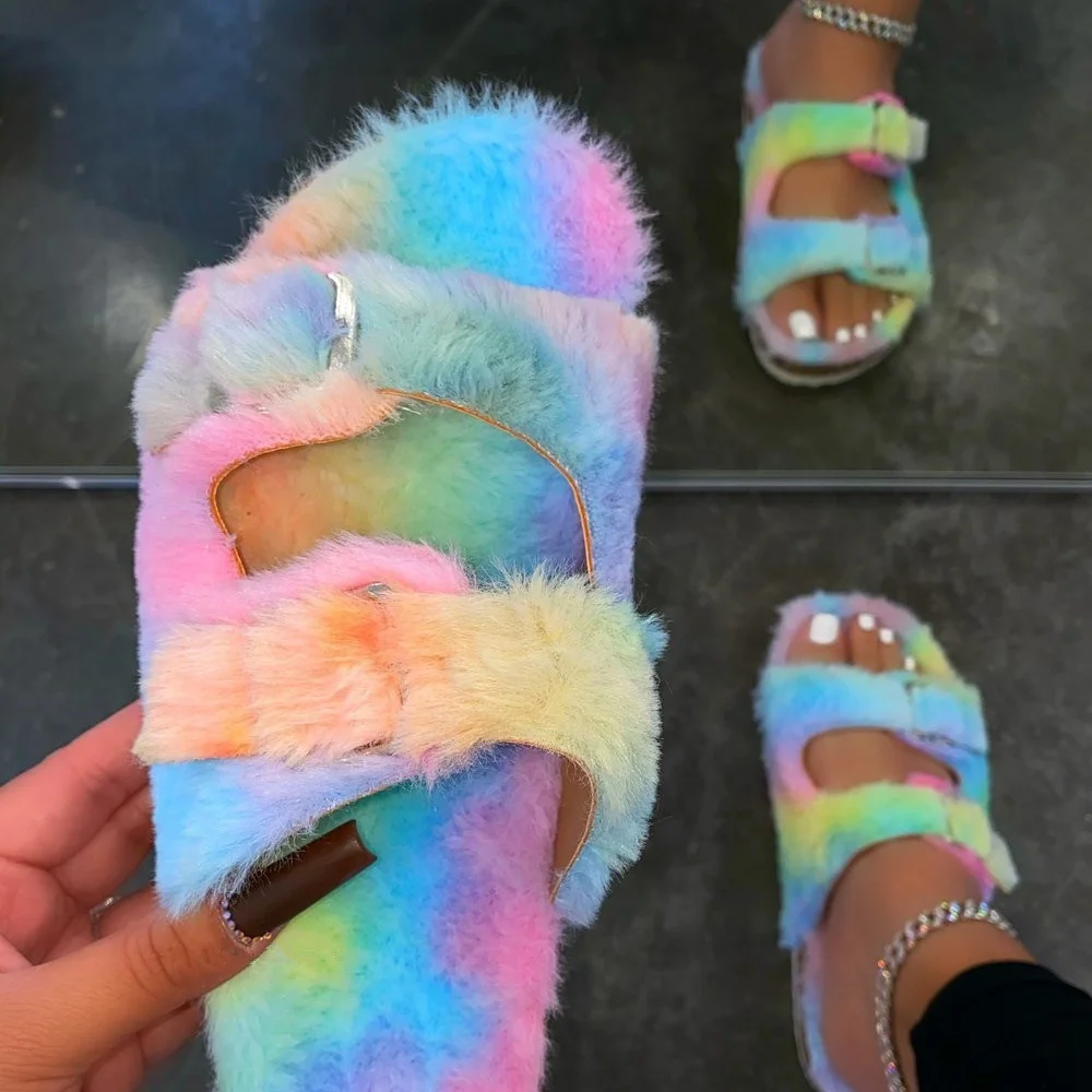 

2021 New Ladies Trendy Fuzzy Plush Slippers Fashion Candy Color Colorful Slippers for ladies Women Faux Fur Slippers Sandals, 3 color options