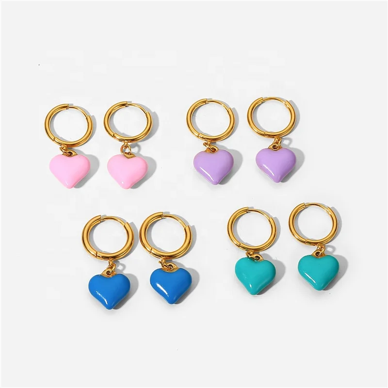 

2022 Fashion Colorful Enamel Heart Charm Love Shape Huggie Drop Earring Hoop Stainless Steel 18k Gold PVD Jewelry For Women