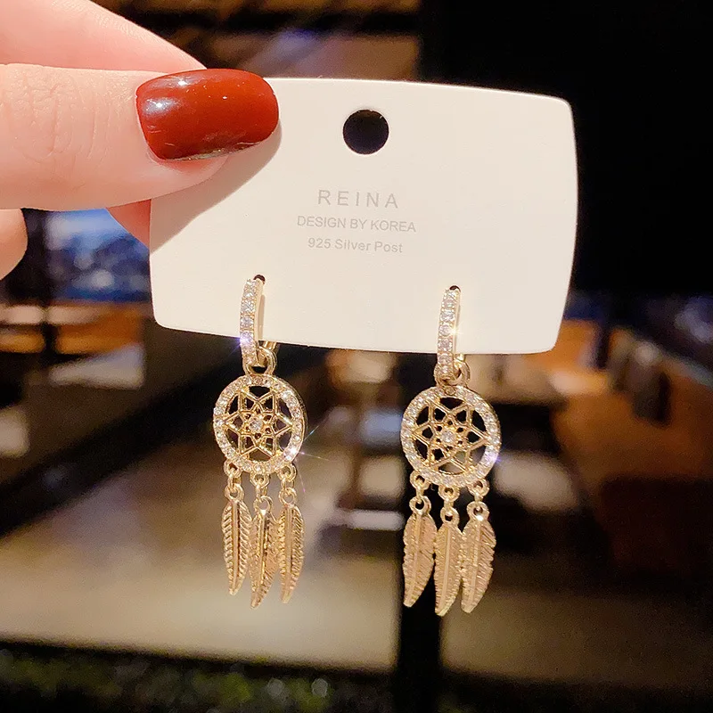 

GT 18K Gold Plated Inlaid Cubic Dream Catcher Drop Earring personality design ear jewelry