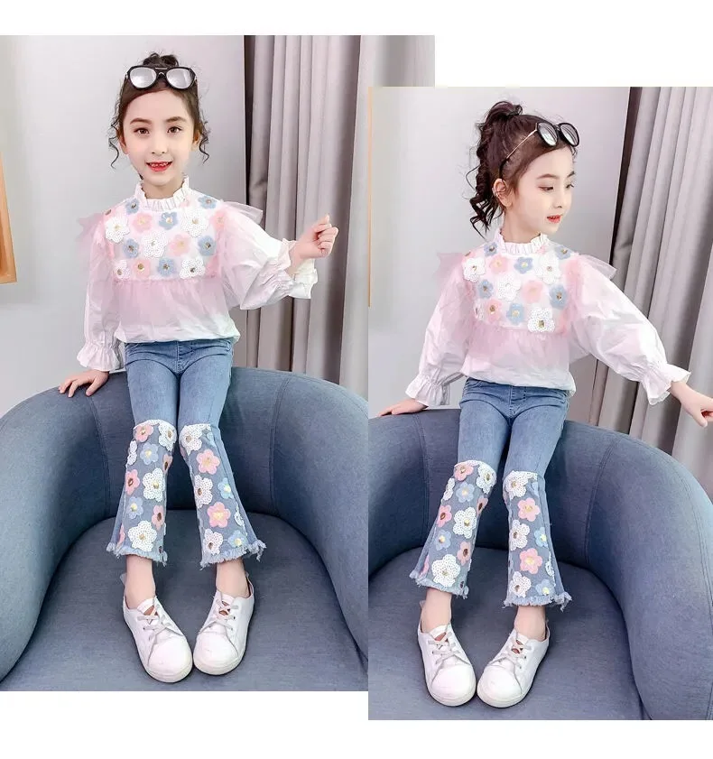 

Stand-up collar shirt embroidered blouse + jeans embroidered suit teenager girl boutique clothes girls' clothing set 12 years