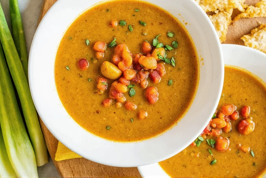 Veggie soup being served into a bowl