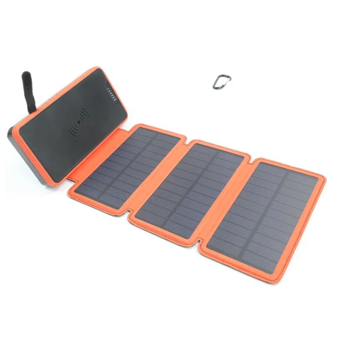 

Hight Capacity Wireless Charging Foldable Waterproof Portable Solar Power Bank with LED Light, Blue/orange/black