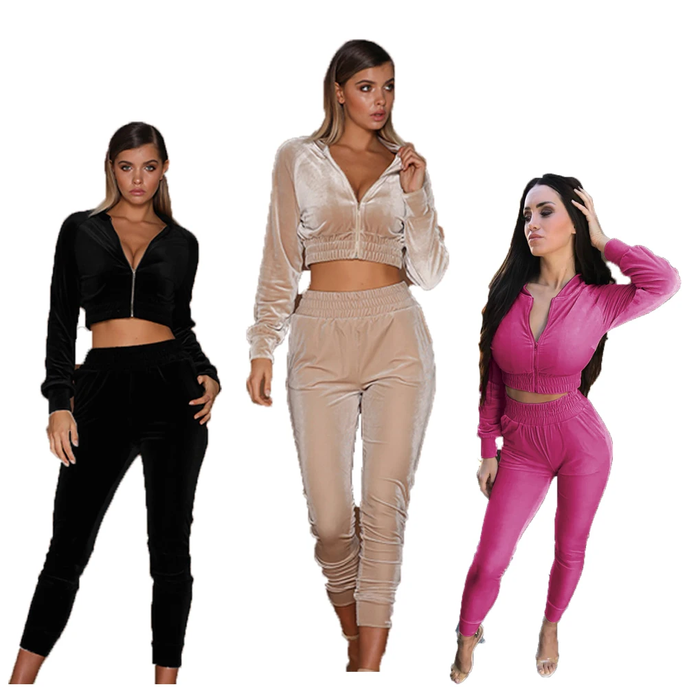 

Fashion Leisure Suit Solid Velvet Crop Slim Sports Suit Women Two Piece Pants Set
