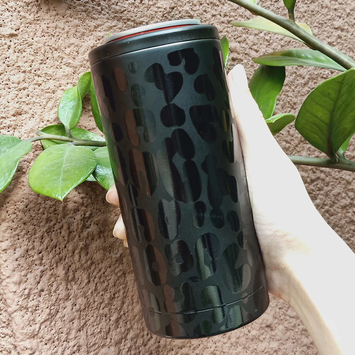 

DOMIL Personalized  Double Wall Vacuum Stainless Steel Black Leopard Skinny Slim Can Cooler