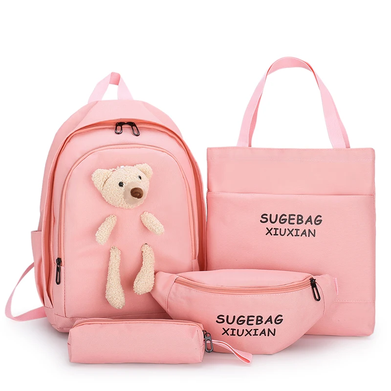 

Wholesale Latest New Design 4 Pcs Set Cute And Trendy Female Girls Big Bear School Backpack Bags For Teenagers, Multi colors