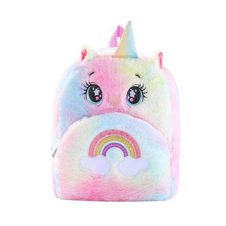 

New Wholesale Plush Cartoon Unicorn Kids Bag Rainbow Fur Children Backpack Pink Cute Kindergarten Primary School Bag
