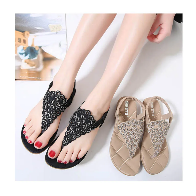 

2021 embroider rhinestone young ladies summer thong slippers rubber sole bling open toe women casual straps sandals