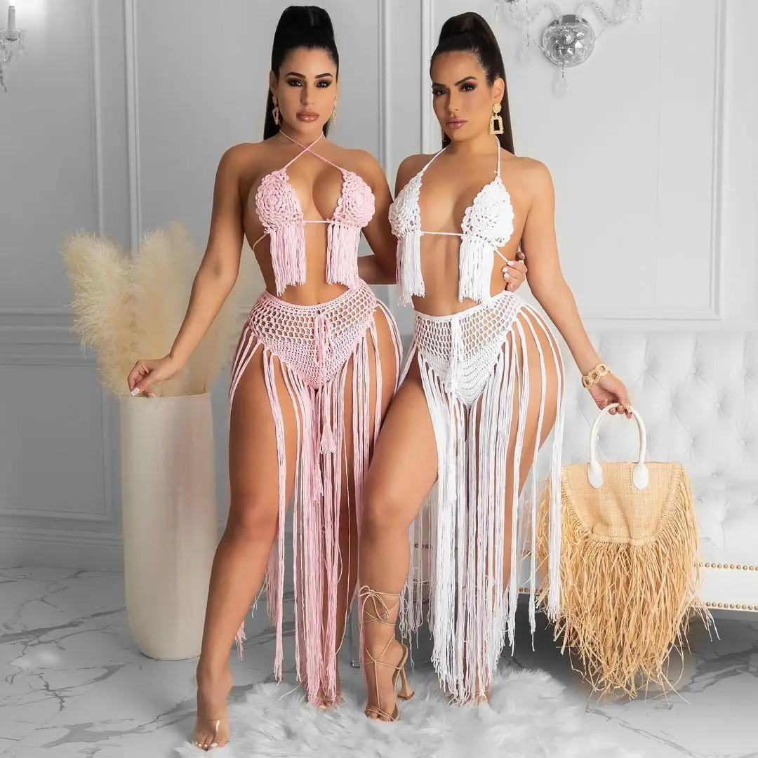 

Sexy Vacation Outfits Beach Wear Crochet Tassel Dress Sets Bikini Top 2 Piece Skirt Set Summer Wholesale Items, Camel, pink, white, black, orange