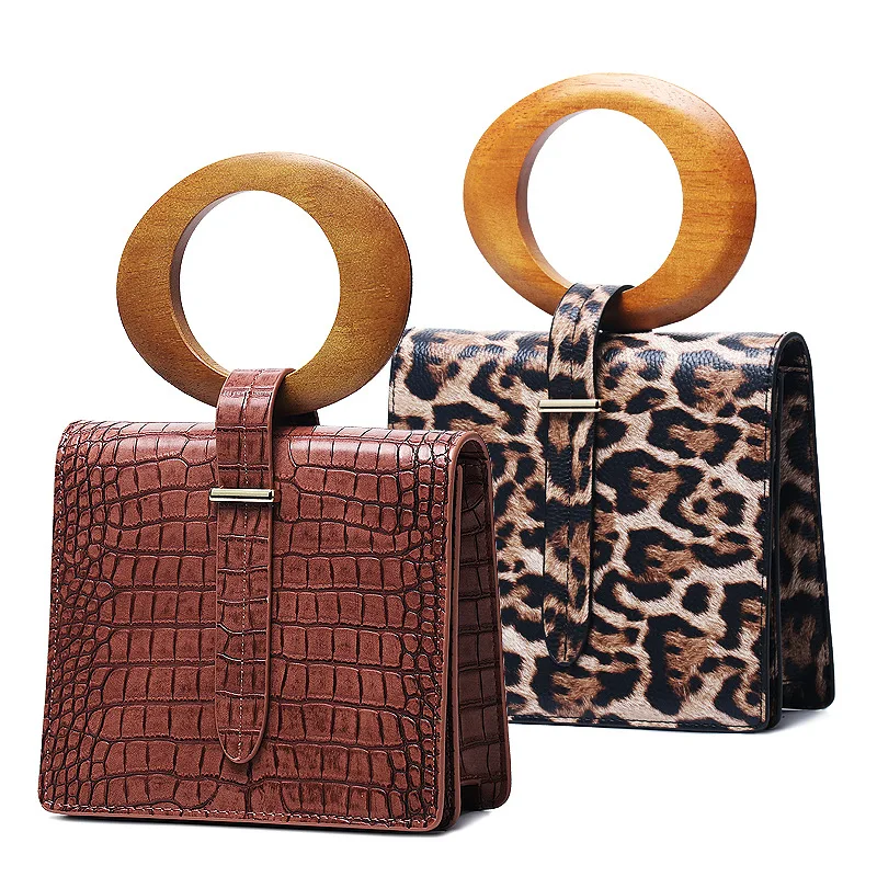 

Crocodile pattern small square bag wooden ring handle handbag leopard print one-shoulder diagonal designer bag