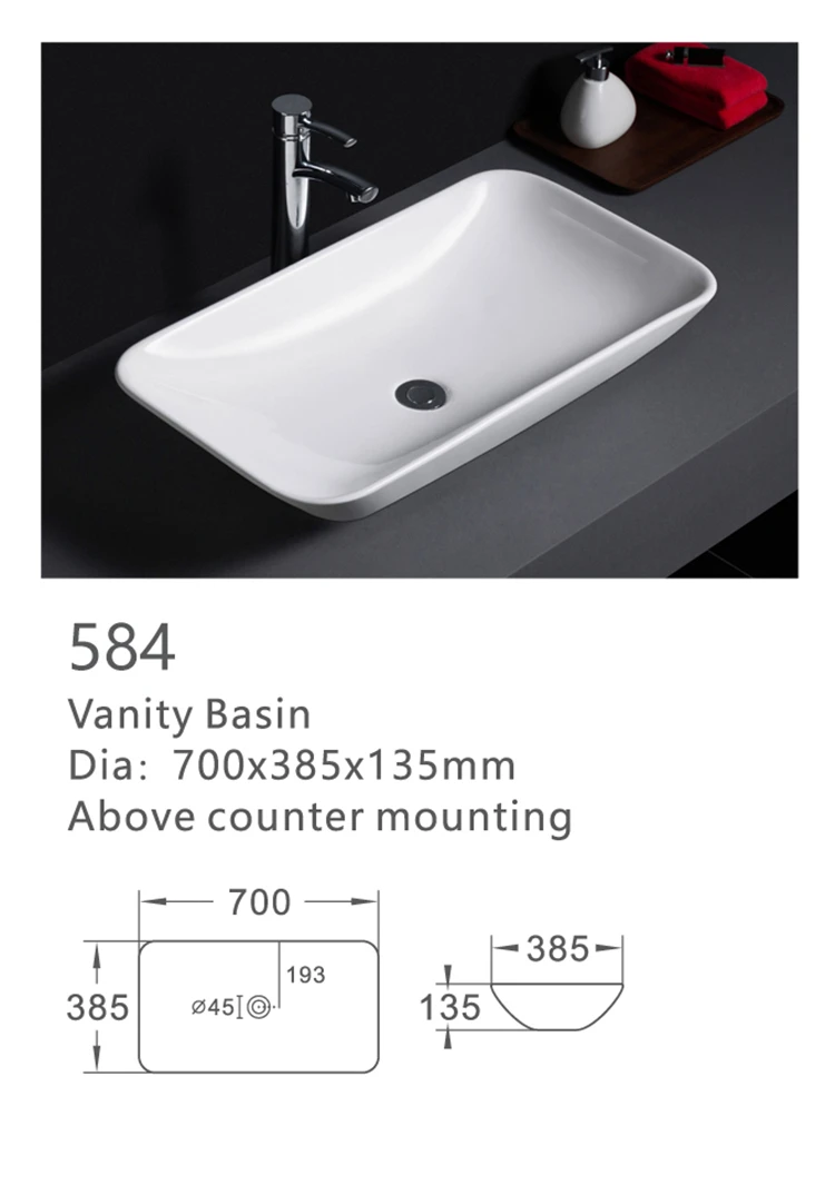 584 Factory direct sell rectangle shape porcelain washbasin bathroom vanity basin