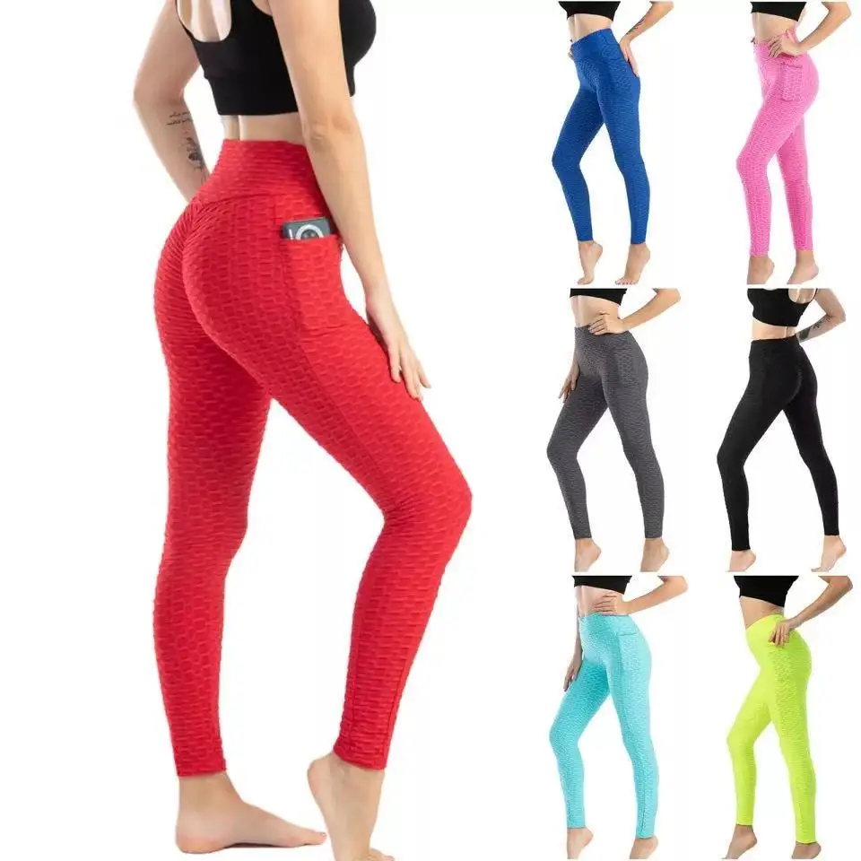 

2021 Women Slim High Elastic Pocket Yoga Pants Sports Female Solid Lifting Hip Fitness Pants Tights Seamless Leggings