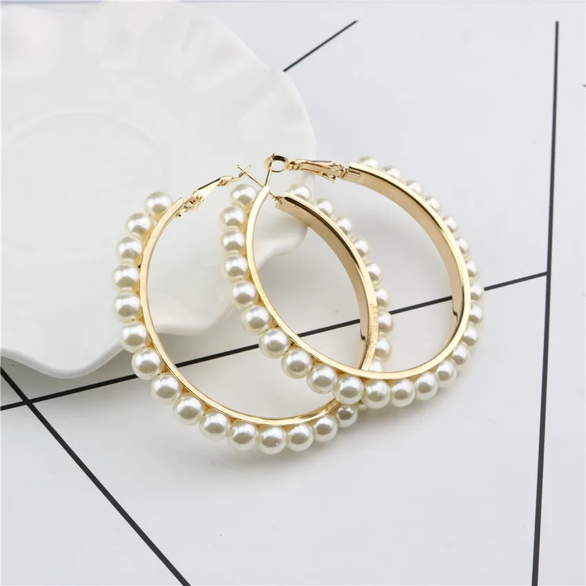 

Statement 18K Gold Plated Pearl Earring Pearl Paved Large Round Circle Hoop Earring