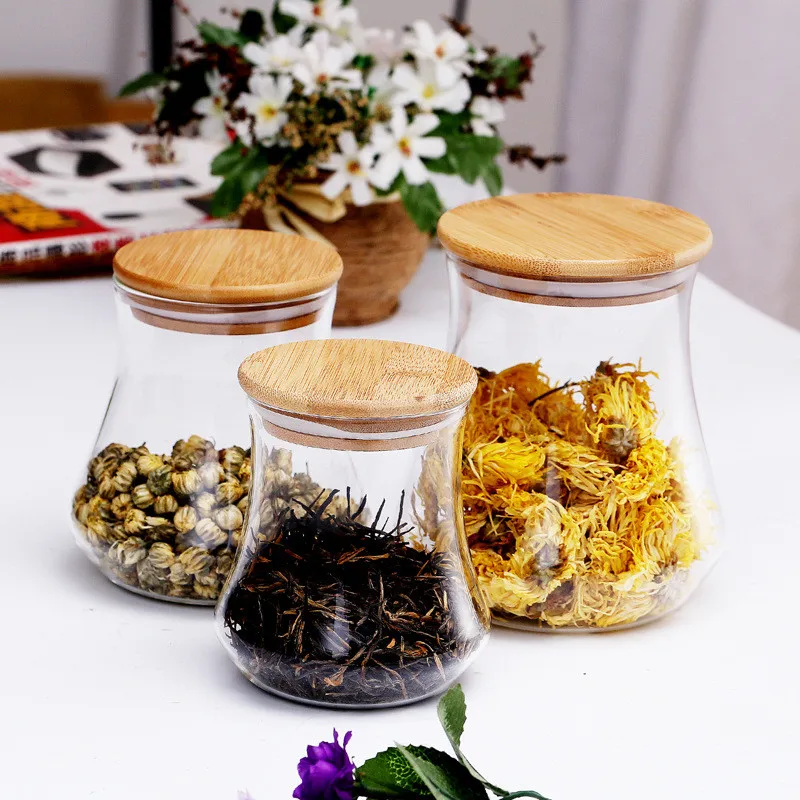 
High Quality Handmade Storage Canisters Glass Storage Jar With Bamboo Lid For Kitchen 