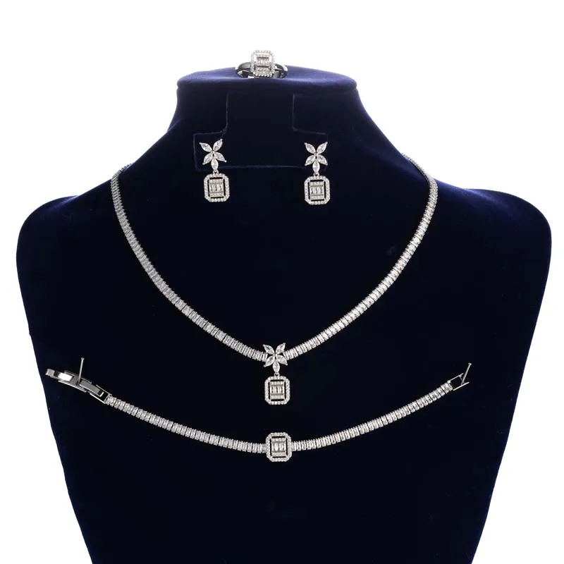 Flower Shaped Pedant Necklace Earrings Bracelet Ring Weeding Jewelry Set Cubic Zircon Bridal Jewelry BN8982
